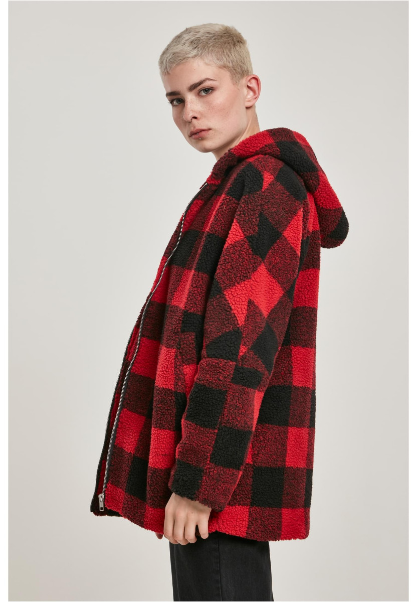 Ladies Hooded Oversized Check Sherpa Jacket