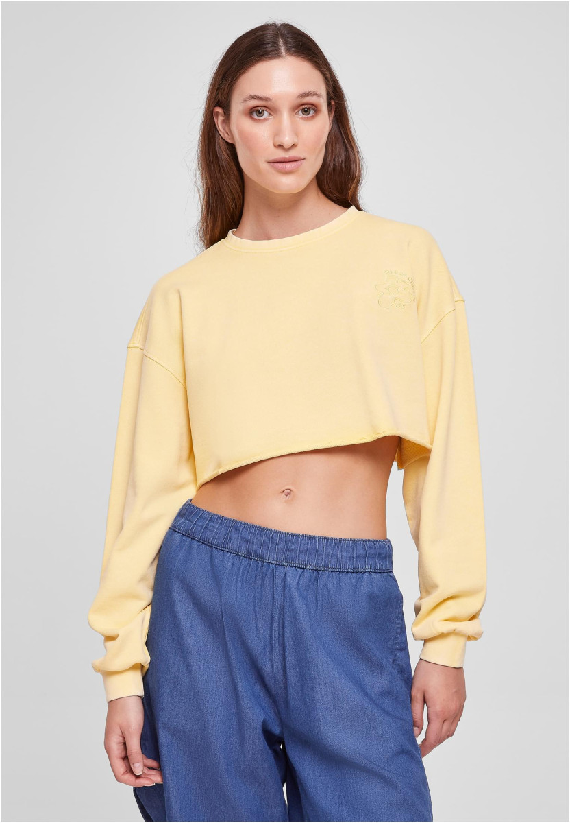 Ladies Cropped Flower Embroidery Terry Crewneck