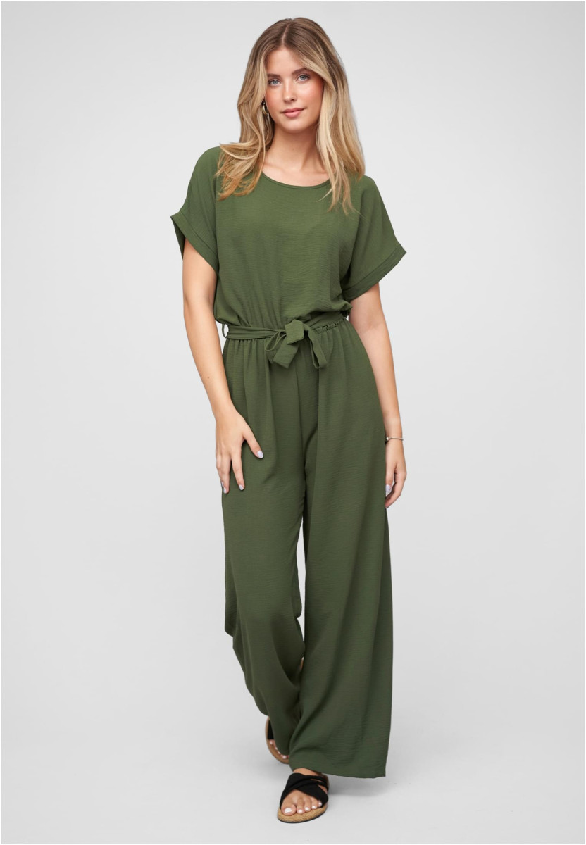 Jumpsuit with tie belt and back slit