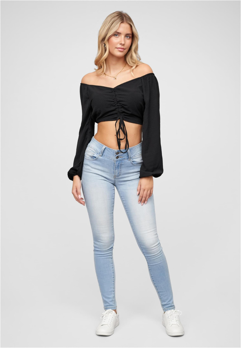 Kurze V-Neck Bluse mit Ballon?rmeln & Raffdetail vorne