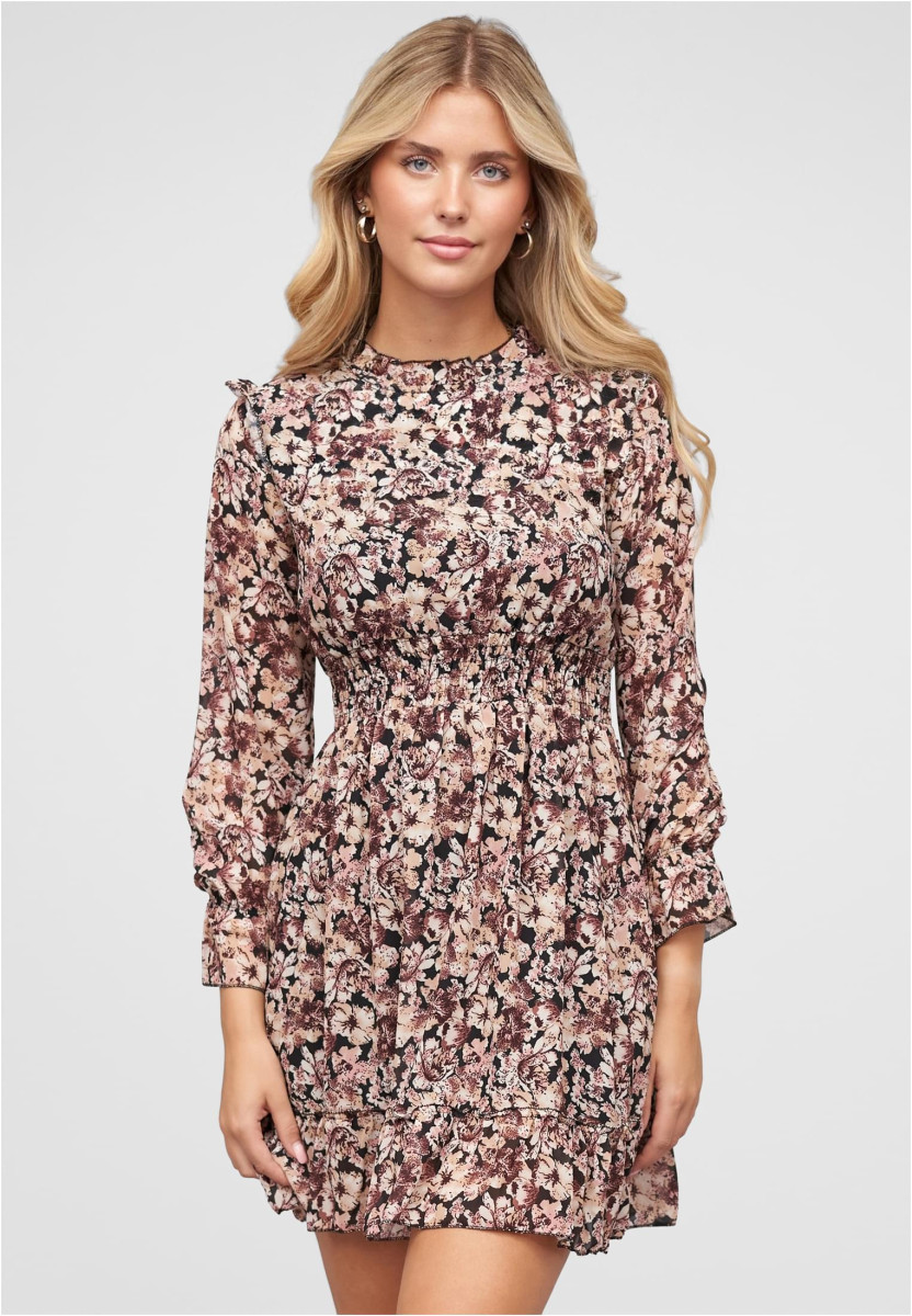 Chiffon Kleid mit Stehkragen R?schen & Blumen Print