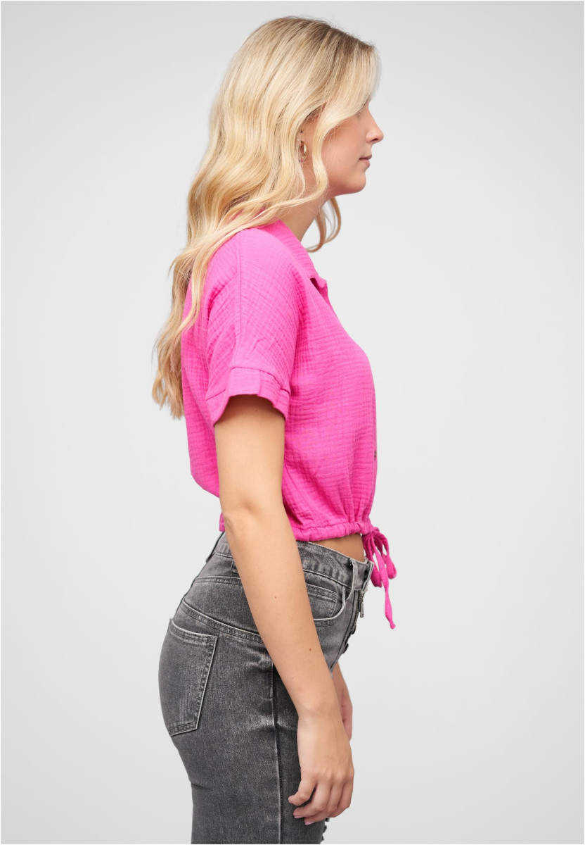 Cropped Baumwoll Bluse mit Knopfleiste & Tunnelzug