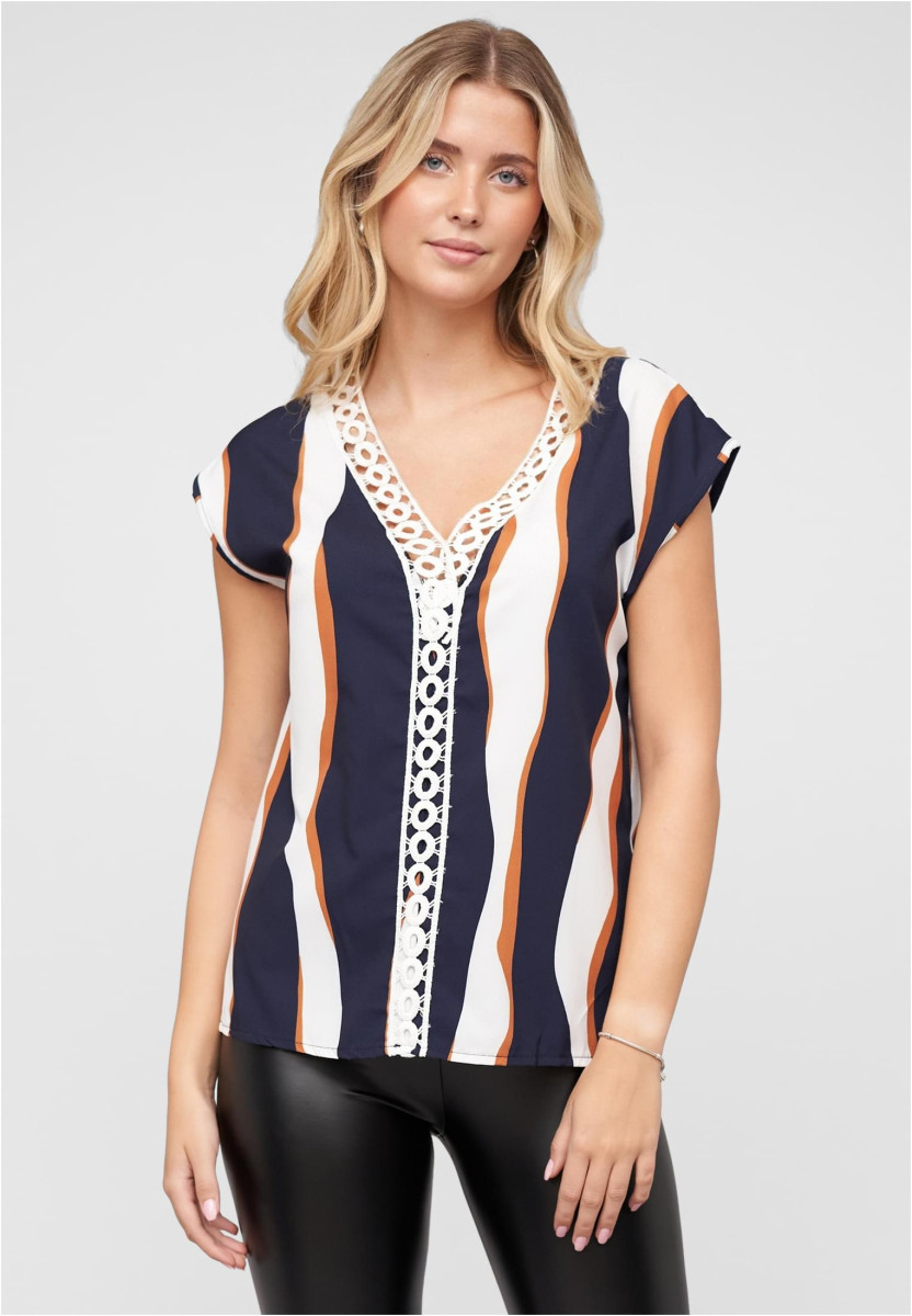 V-Neck Top mit H?kelbord?re und Wellen Print