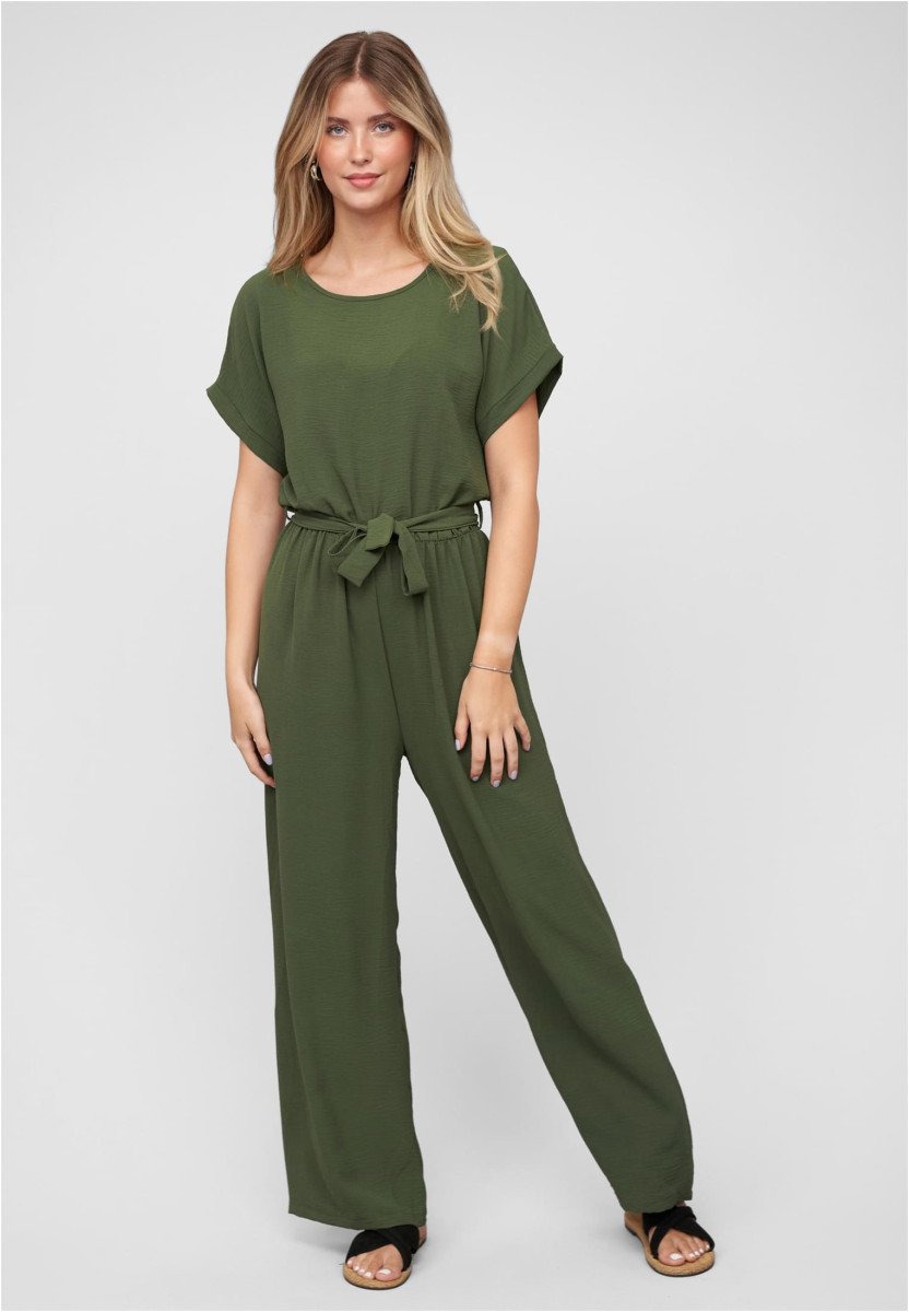 Jumpsuit with tie belt and back slit