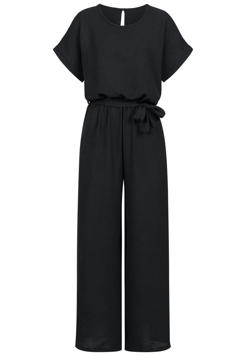 Jumpsuit with tie belt and back slit