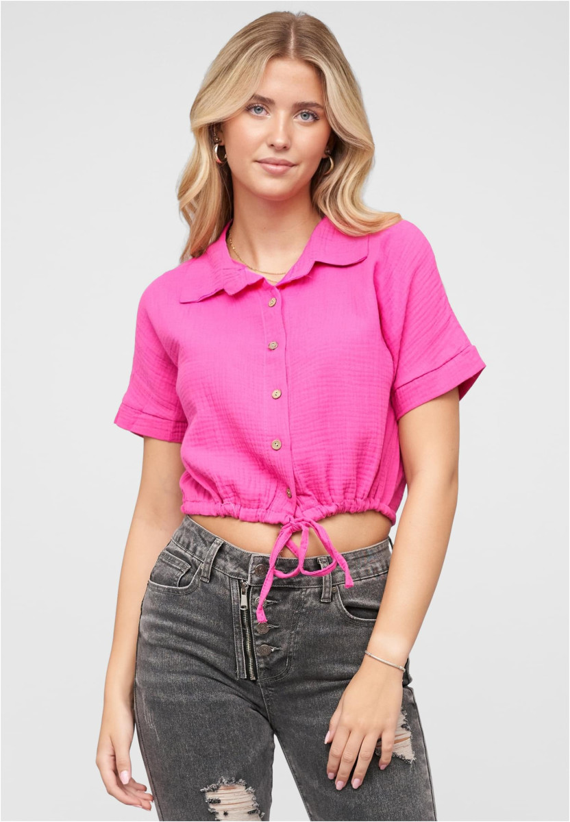 Cropped Baumwoll Bluse mit Knopfleiste & Tunnelzug