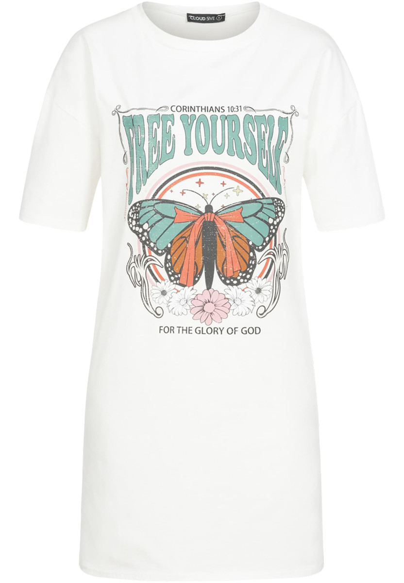 T-Shirt-Kleid mit Free Yourself Butterfly Print