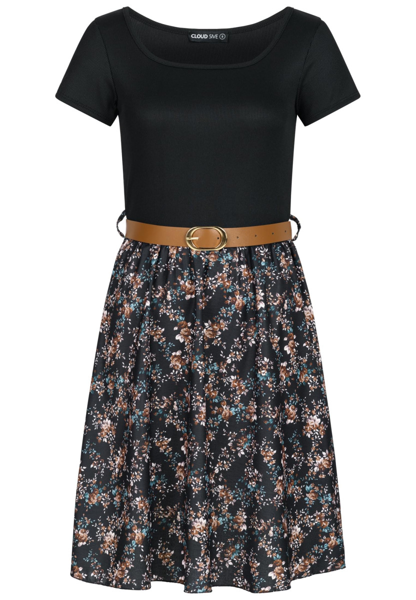 2-Tone Dress with Ditsy Print incl. a belt
