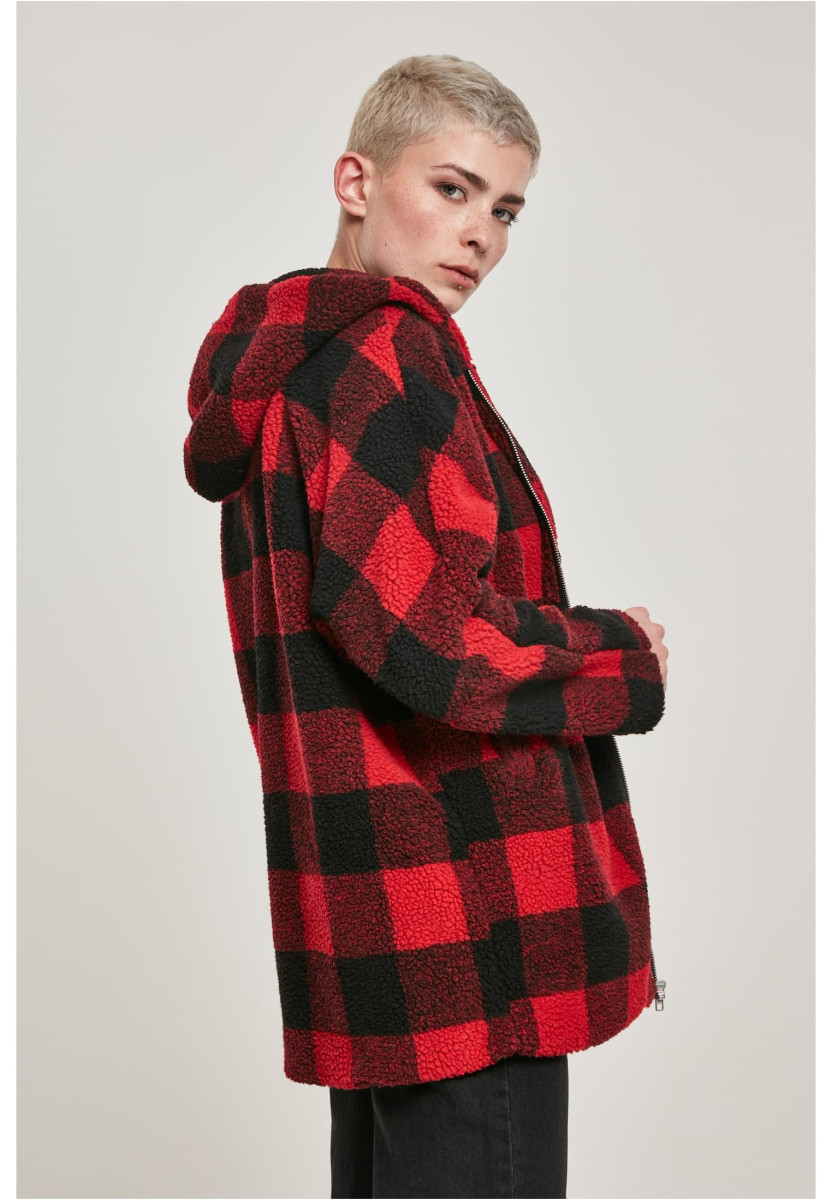 Ladies Hooded Oversized Check Sherpa Jacket