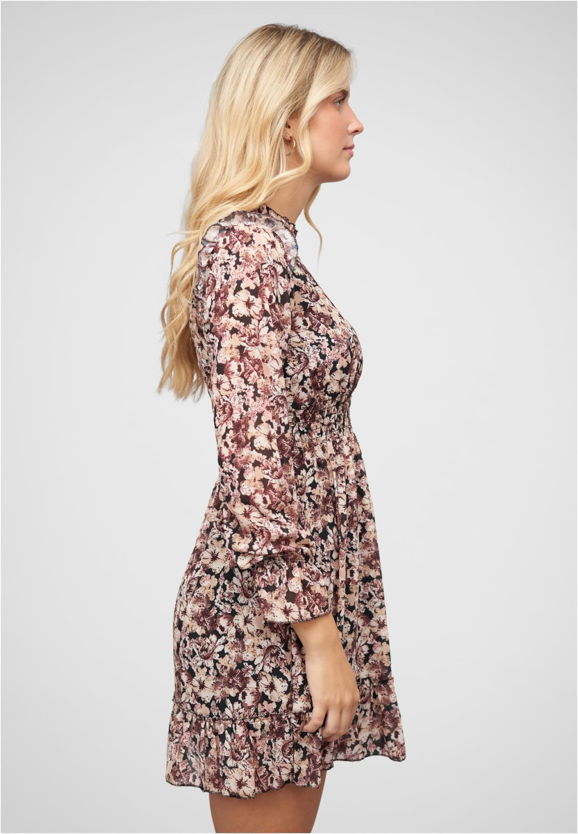 Chiffon Kleid mit Stehkragen R?schen & Blumen Print