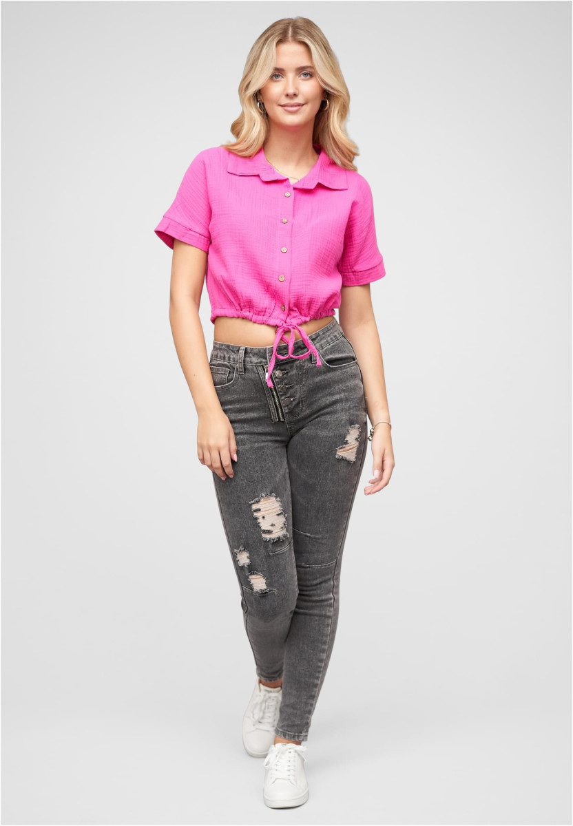 Cropped Baumwoll Bluse mit Knopfleiste & Tunnelzug